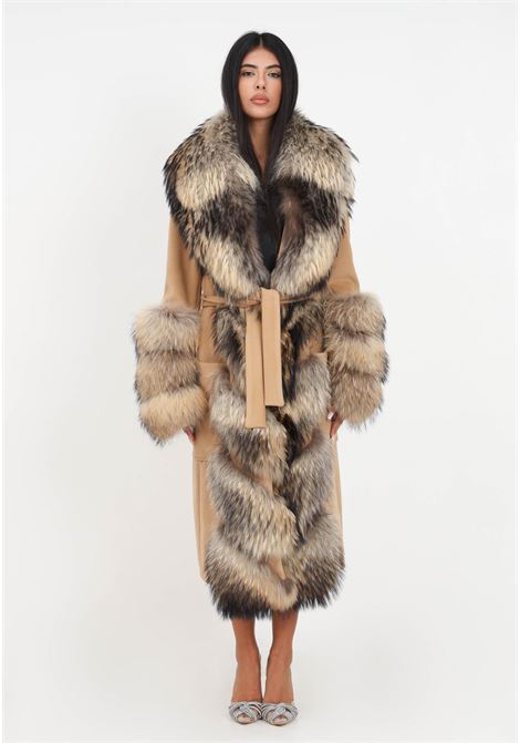 Brownish coat with fur inserts and women's belt YES LONDON | CD1165CAMMELLO